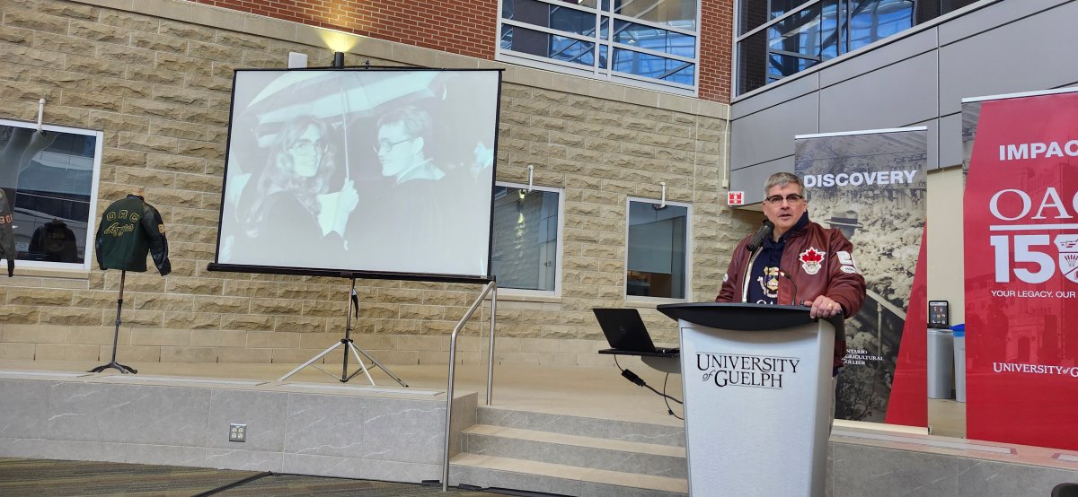 The ice cream social on Wednesday was the first of several events to commemorate the Ontario Agricultural College's 150th anniversary. Cranfield (right) spoke at the kick-off.