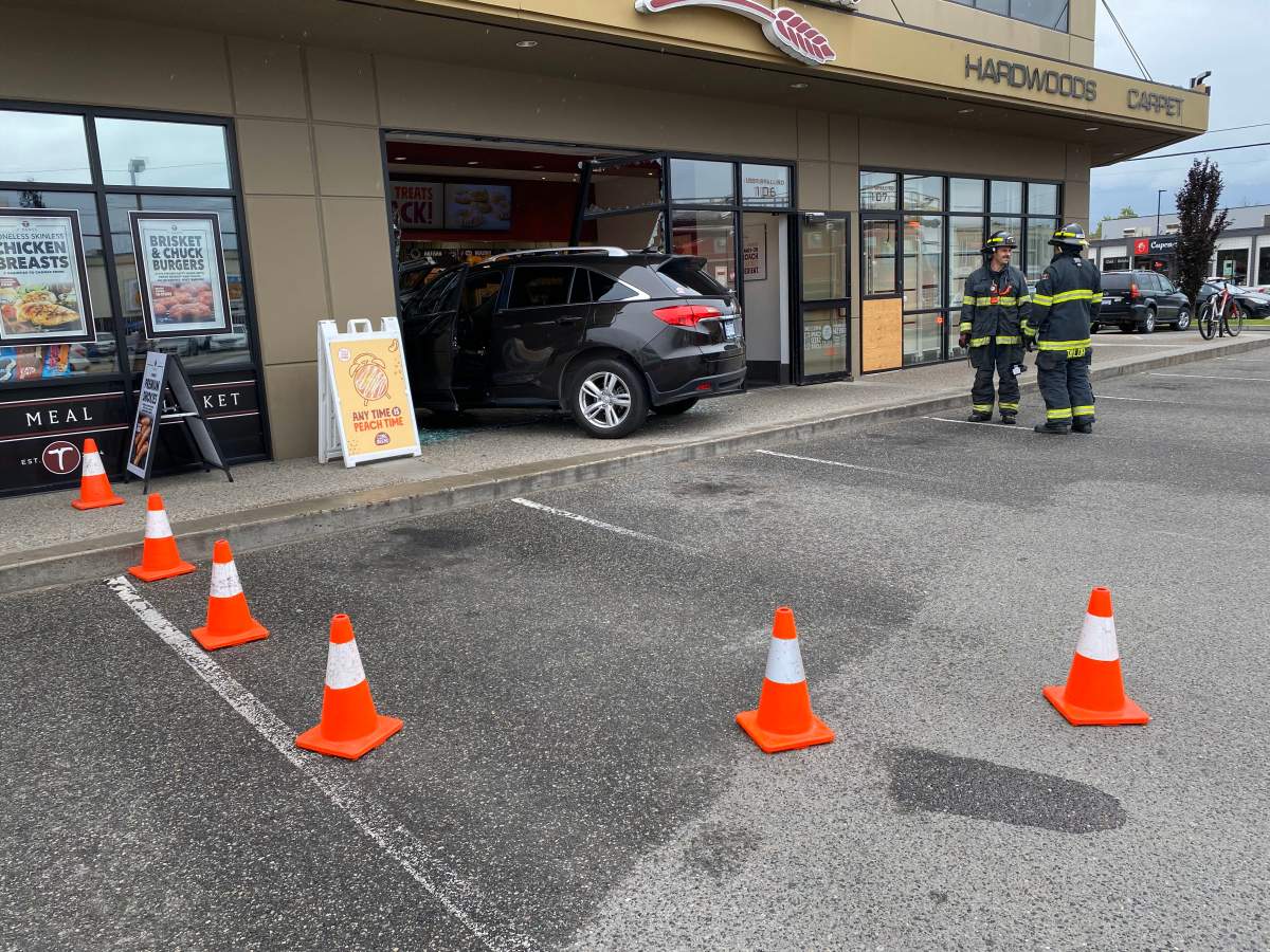 A view of the SUV that crashed into a bakery in Kelowna on Tuesday just before noon.