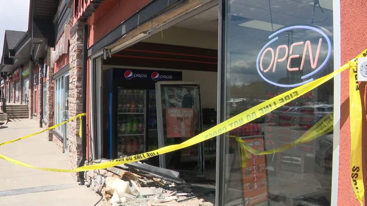 No injuries were reported when a vehicle crashed into Little Caesars Pizza at 18 Panatella Blvd. Northwest in Calgary Thursday, May 16, 2024.