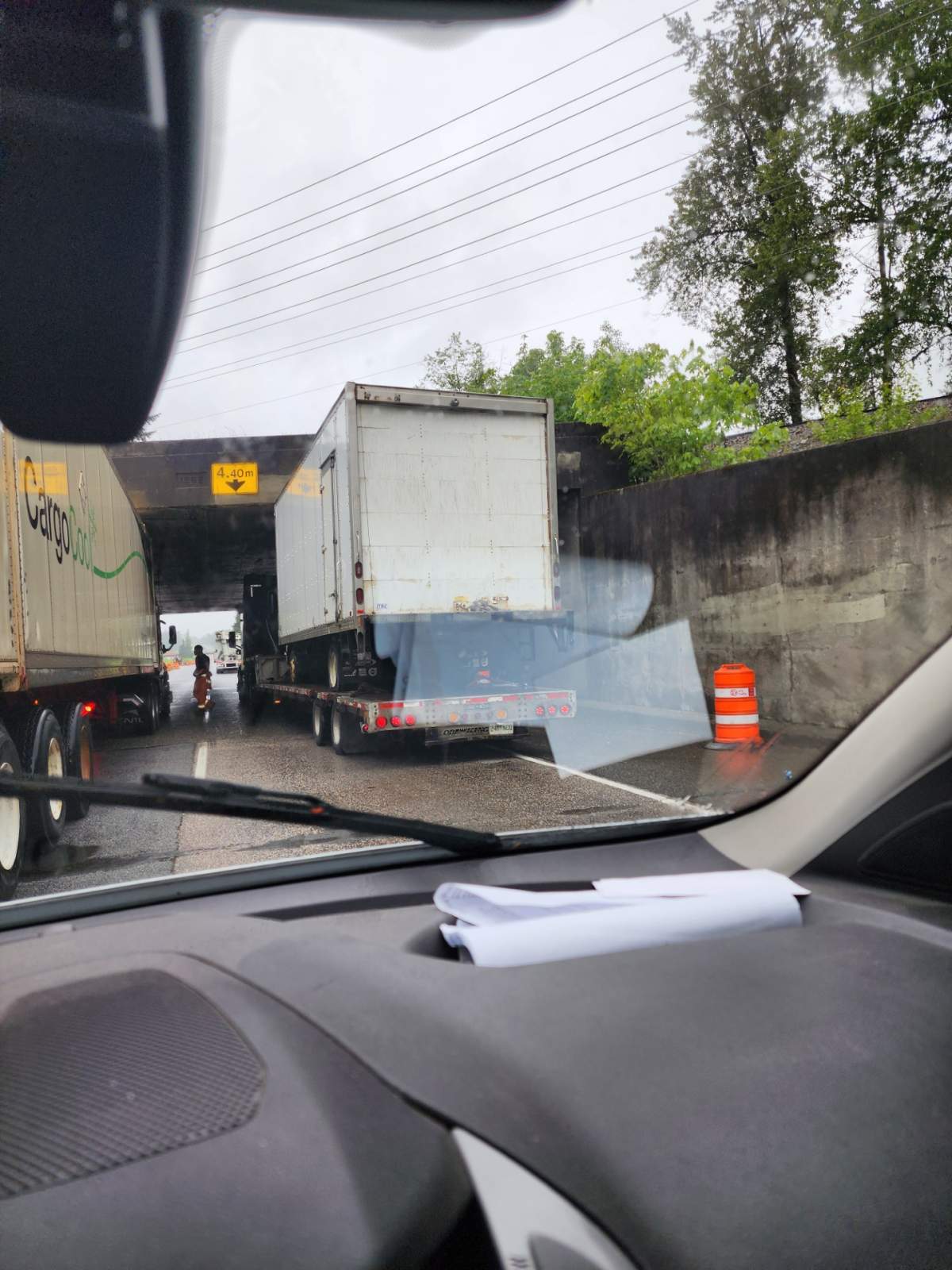 The truck became stuck under the Langley overpass on Tuesday afternoon.