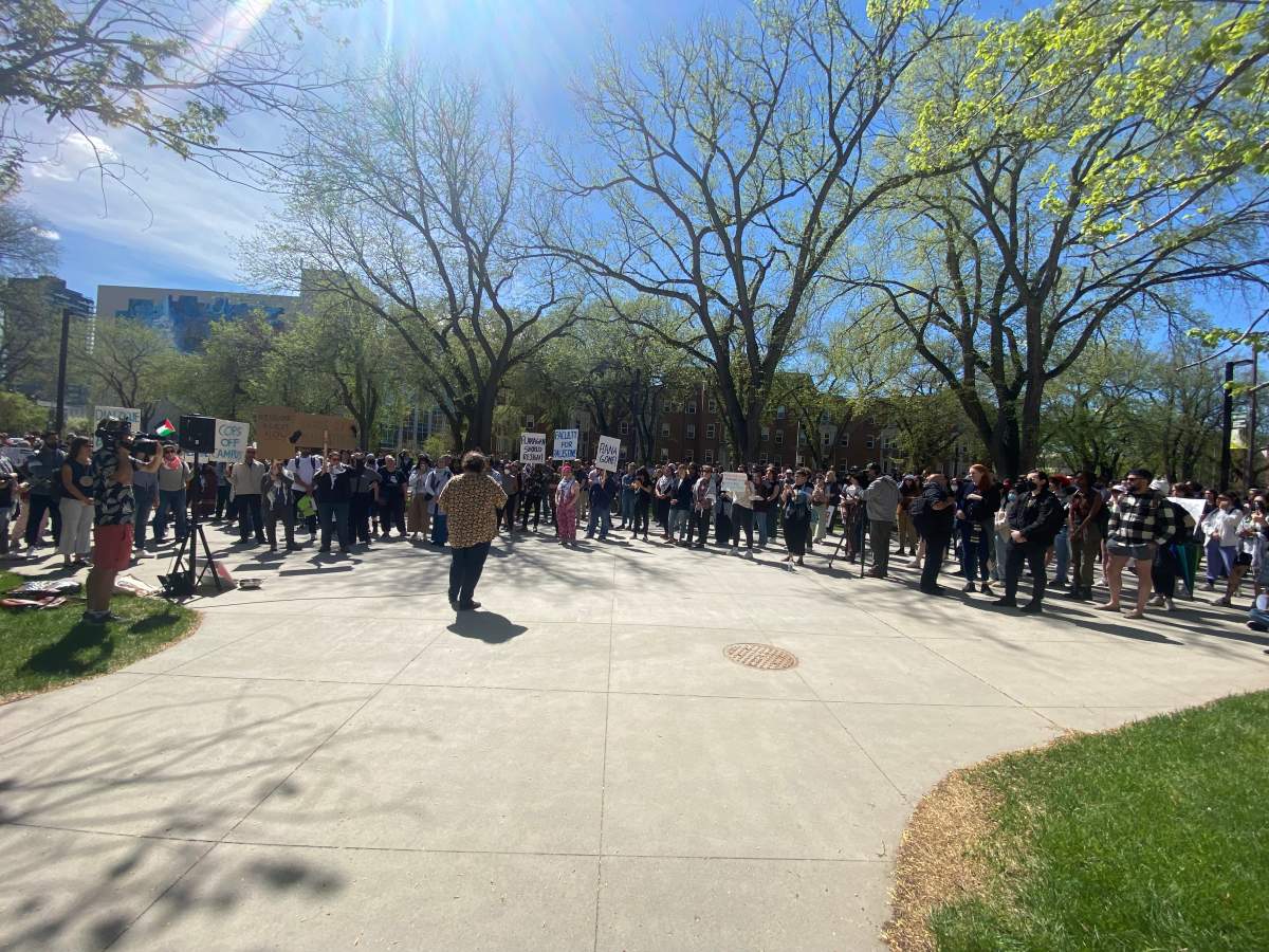 Demonstrators protesting the Edmonton Police Service and University of Alberta's actions to dismantle a pro-Palestine encampment. Photo taken on Tuesday, May 14, 2024.