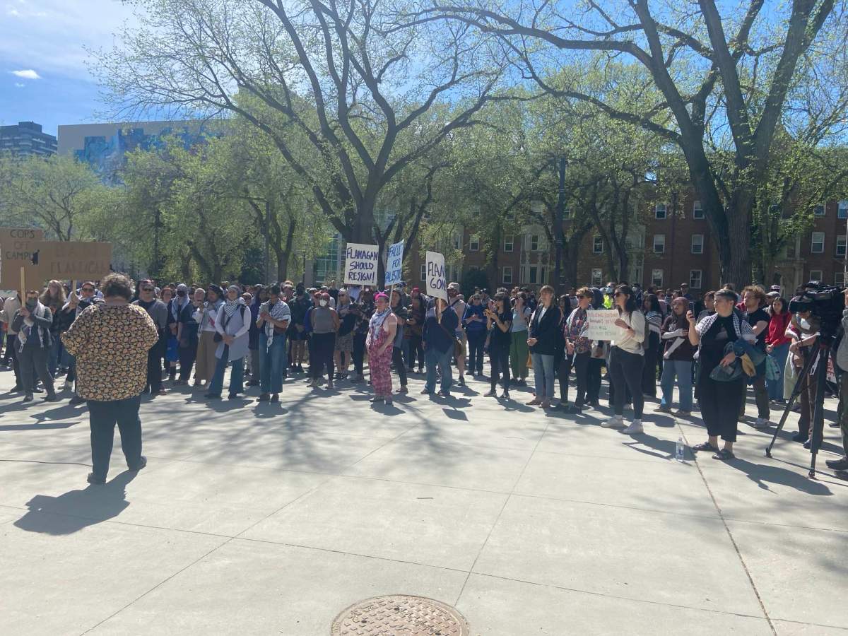 Demonstrators protesting the Edmonton Police Service and University of Alberta's actions to dismantle a pro-Palestine encampment. Photo taken on Tuesday, May 14, 2024.