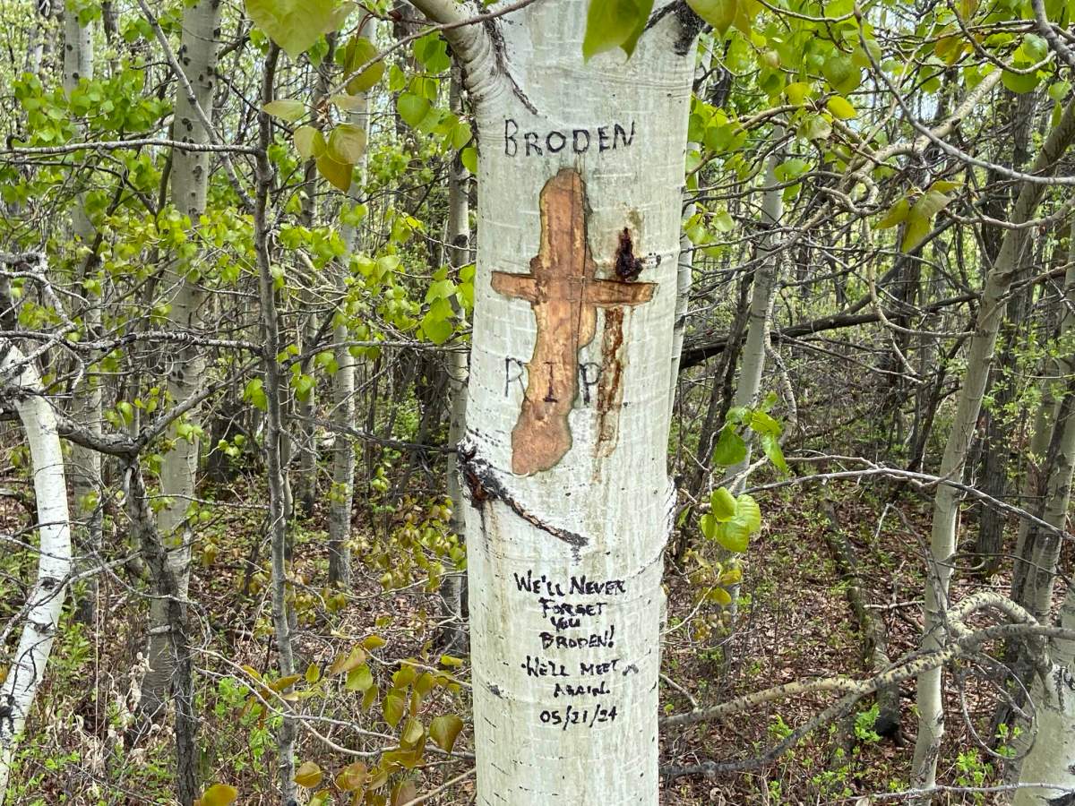 Broden Radomske's name carved into a tree near where the 15-year-old St. Albert teen was killed on Tuesday, May 21, 2024.
