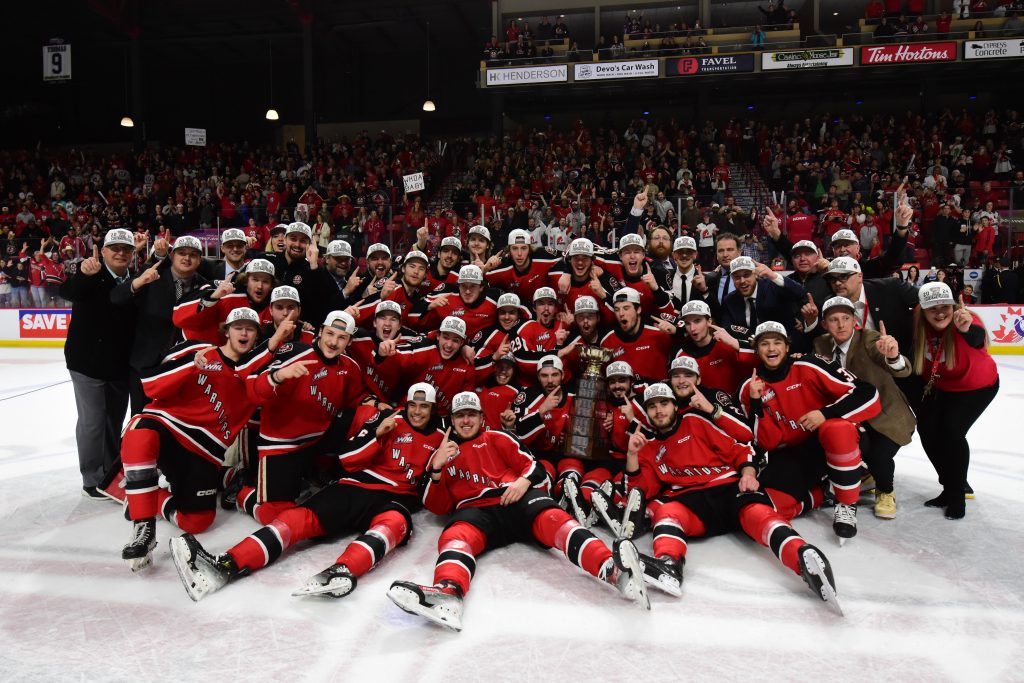 Moose Jaw Warriors celebrating their first WHL championship in franchise history following a 4-2 victory over the Portland Winterhawks on May 16, 2024.