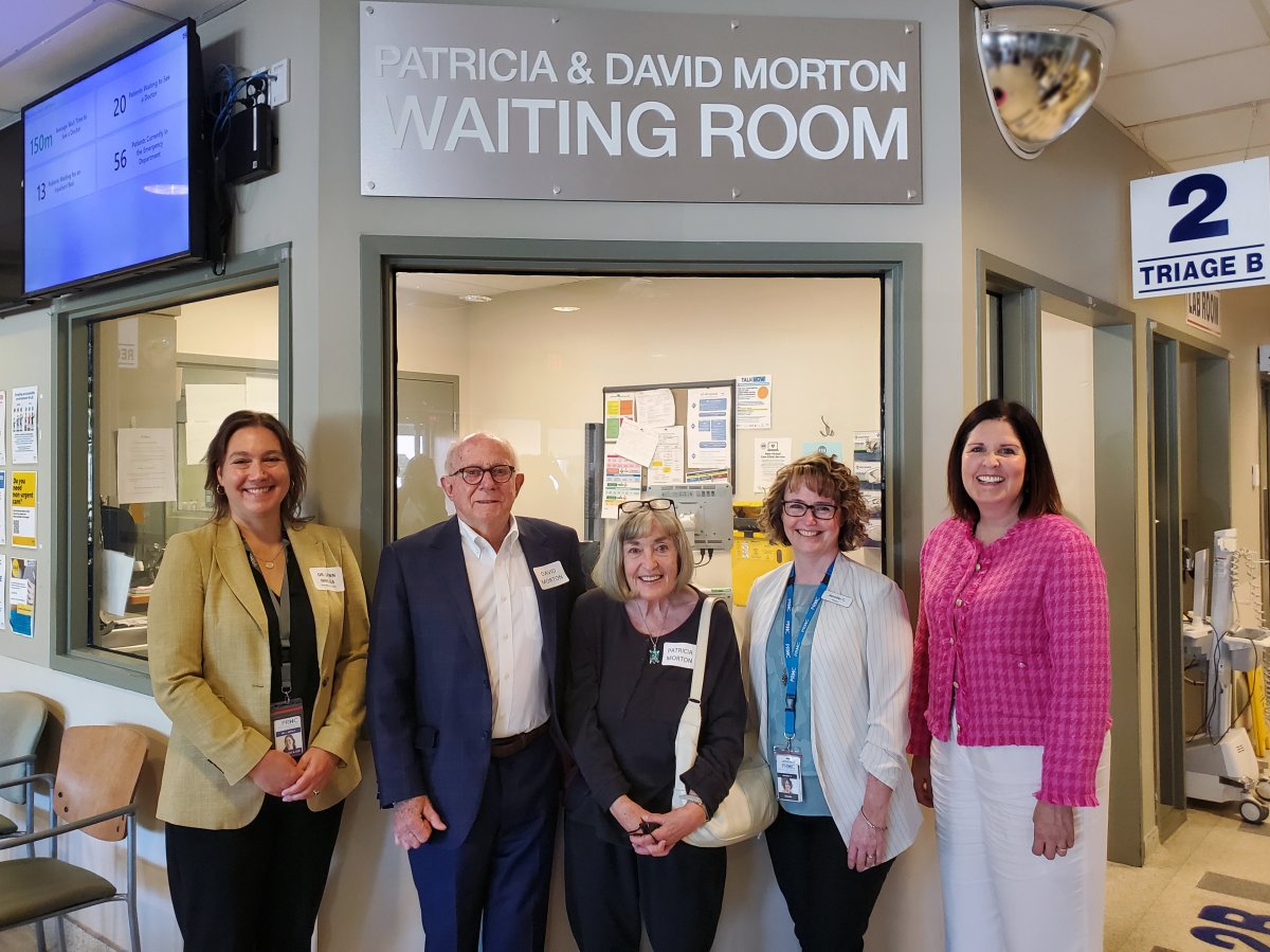 Dr. Patricia Morton and David Morton have donated $500,000 to the Peterborough Regional Health Centre’s emergency department waiting room with new signage honouring the Morton. From left to right are PRHC President and CEO Dr. Lynn Mikula, David Morton, Patricia Morton, PRHC Director of Mental Health and Addictions Jennifer Cox, and PRHC Foundation President and CEO Lesley Heighway.