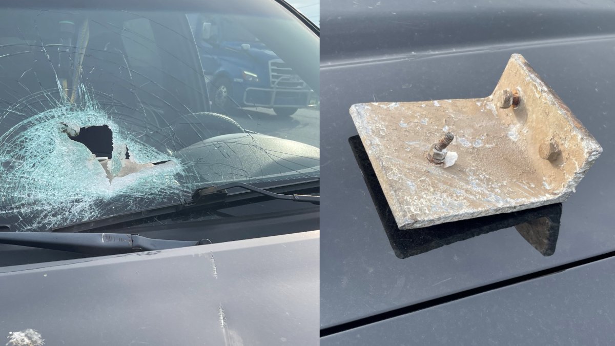 OPP say a piece of highway debris kicked up from a vehicle travelling on Highway 403 at King Road near Burlington, Ont. crashed through a windshield of truck during the morning commute on May 17, 2024.