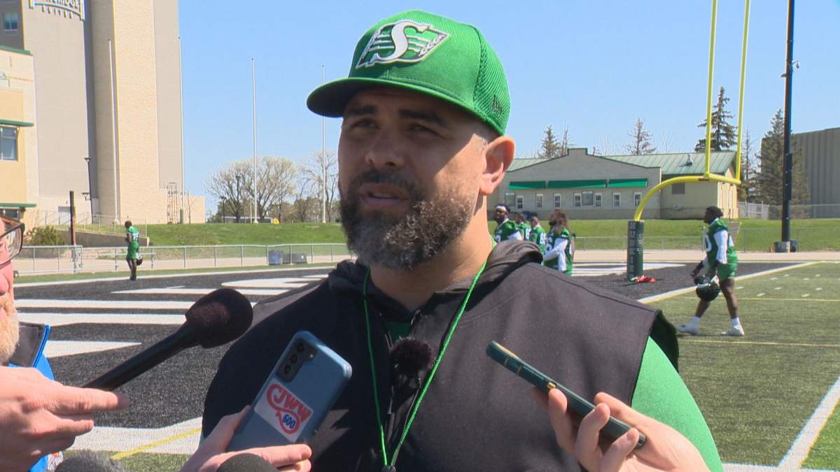 Saskatchewan Roughriders head coach Corey Mace speaks to the media following Day 1 of the rookie camp.