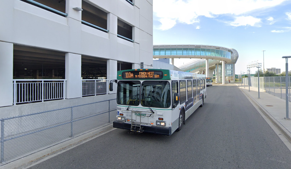 A Durham Region Transit bus leaves Pickering GO Station.