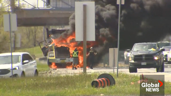 Video shows truck engulfed in flames on Gardiner Expressway in Toronto