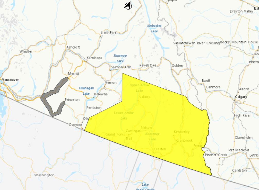 A graphic showing areas in B.C., in yellow, where a severe thunderstorm has been issued. The grey areas are warnings for light snowfall along mountain passes.