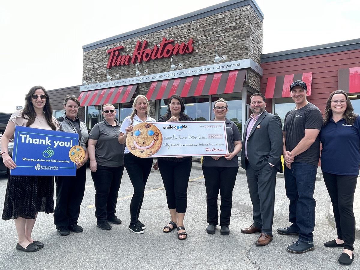 Five Counties Children’s Centre staff and representatives from local Tim Hortons announced results of the recent Smile Cookie Campaign in Cobourg and Colborne. In total, $50,713 was raised for Five Counties.