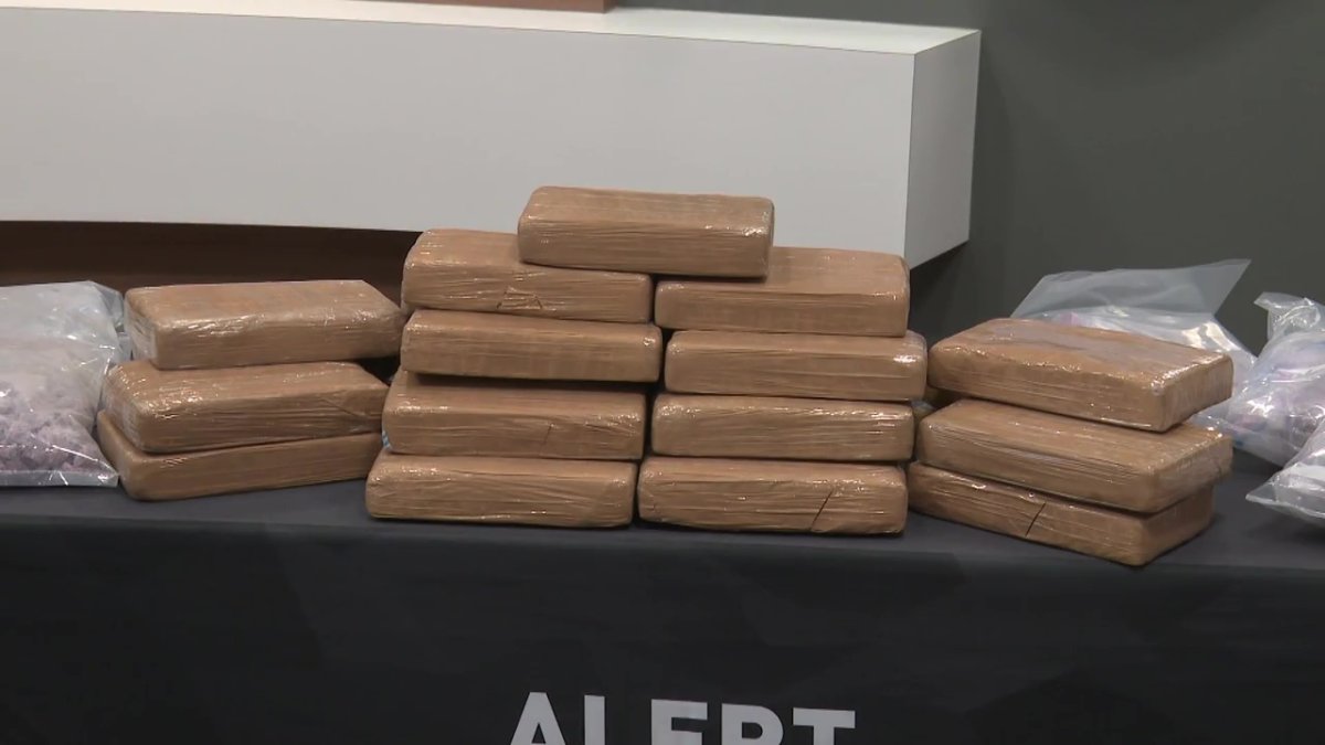 Bricks of cocaine seized from a west Edmonton home in April 2024 and shown off during an Alberta Law Enforcement Response Teams news conference on Monday, May 6, 2024.