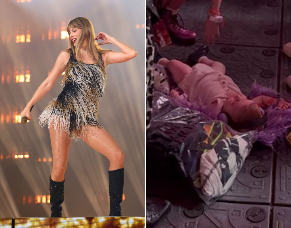 A baby is seen on the floor at a Taylor Swift concert in Paris.