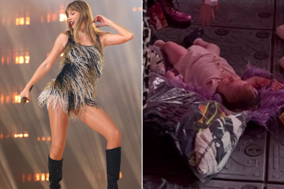 A baby is seen on the floor at a Taylor Swift concert in Paris.