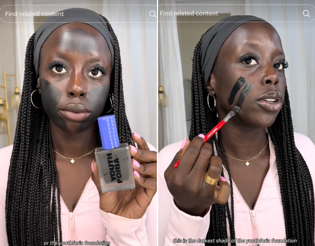 Screengrabs of a TikTok video by Golloria George, showing what the darkest shade of the Youthforia foundation looks like on her skin, compared to black face paint.