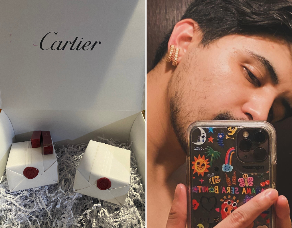 Photos shared by 27-year-old Rogelio Villarreal, who bought two pairs of Cartier earrings for pennies on the dollar thanks to a pricing mistake. Left image shows two earrings boxes wrapped in white paper and sealed with a red wax. Right image is Villarreal taking a selfie of himself wearing two of the earrings on his left ear lobe.