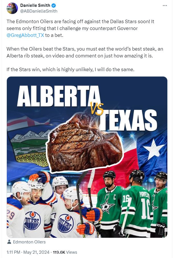 Alberta Premier Danielle Smith's Oilers/Stars bet with Texas Gov. Greg Abbott.