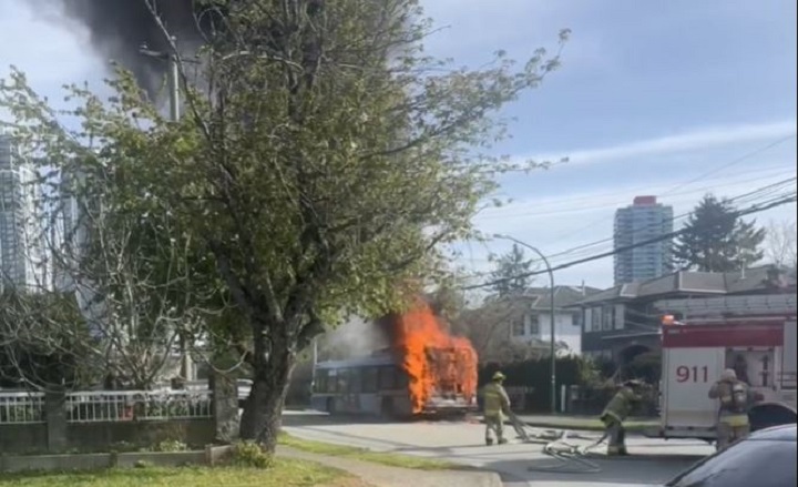 A transit bus caught on fire in Burnaby on Friday. 