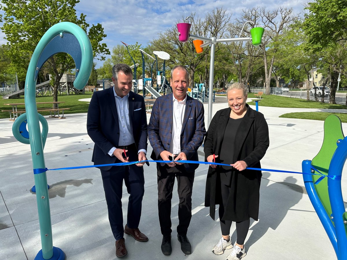 Thursday morning, the City of Winnipeg, with financial help from the government of Canada, cut the ribbon on a new spray pad. From left to right: Councillor Evan Duncan, Councillor John Orlikow, and Abbie Bajon, General Manager of the Corydon Community Centre.