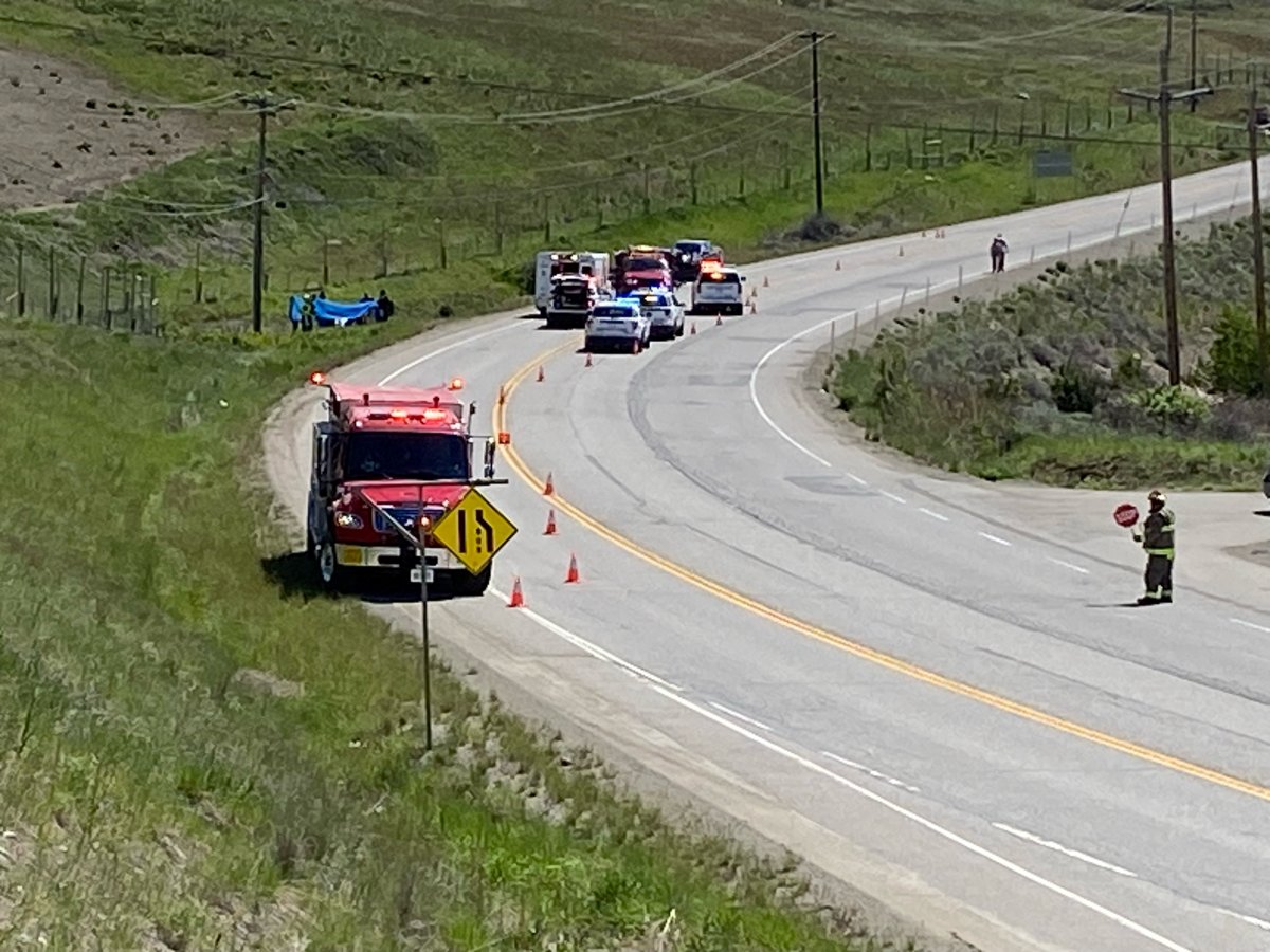 Multiple emergency vehicles were at the scene of what appeared to be a single-vehicle crash on Highway 33 in Kelowna. Paramedics were at the scene for a long time.