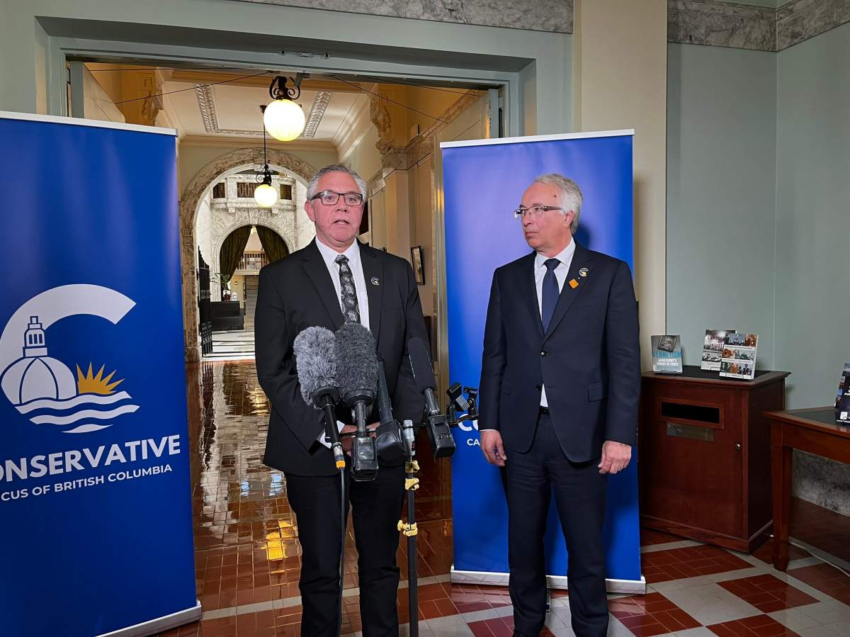 MLA Lorne Doerkson speaks in 2024 with then BC Conservative leader John Rustad.