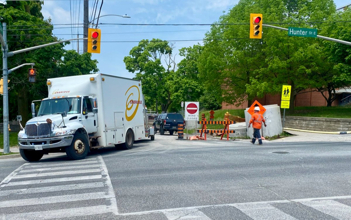 Enbridge Gas works on a gas leak at a construction site along Armour Road in Peterborough, Ont., on May 22, 2024. The area is adjacent to Kawaate East City Public School.