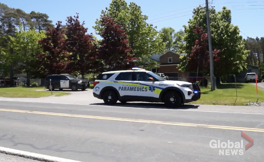 Peterborough County OPP and Peterborough-County-City Paramedics at the scene on 8th Line Smith in Selwyn Township on May 24, 2024. They were called to the scene for a report of a man hit by a vehicle in the home's backyard.