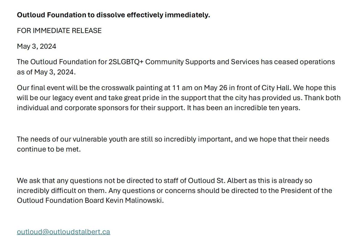 Outloud St. Albert thanked sponsors and said its final event will be a crosswalk painting on May 26 in front of St. Albert City Hall.