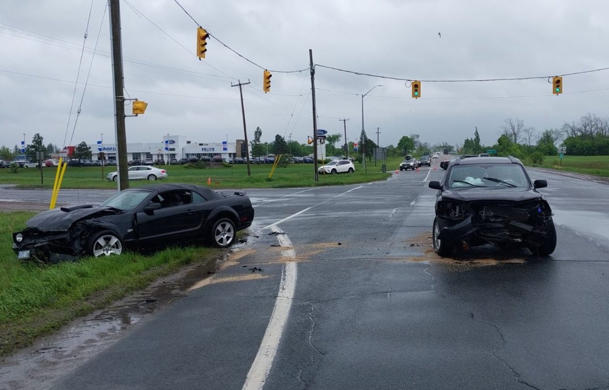 A car and SUV collided on Hwy. 7 at the intersection of Dew Inn Drop Road in Lindsay on May 27, 2024. Five people were taken to hospital.