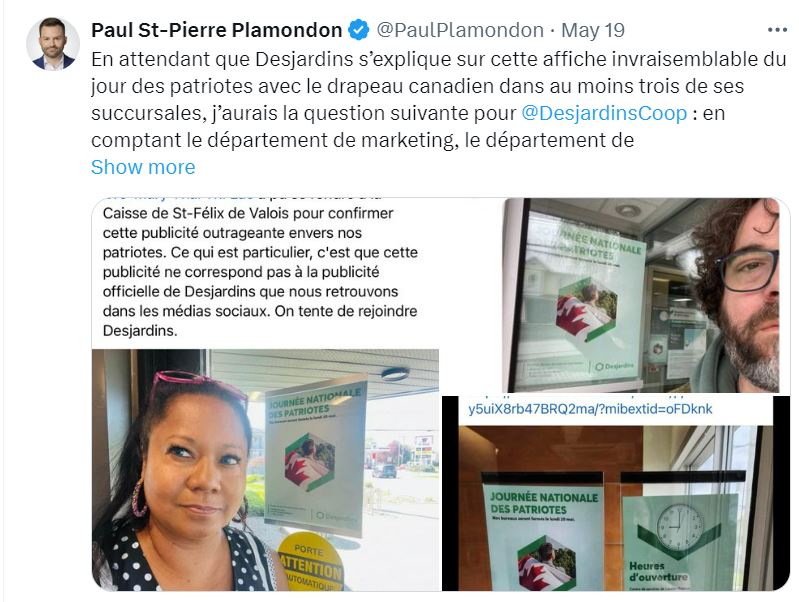 PQ Leader Paul St-Pierre Plamondon writes about Desjardins using the Canada Flag in a National Patriots’ Day poster.