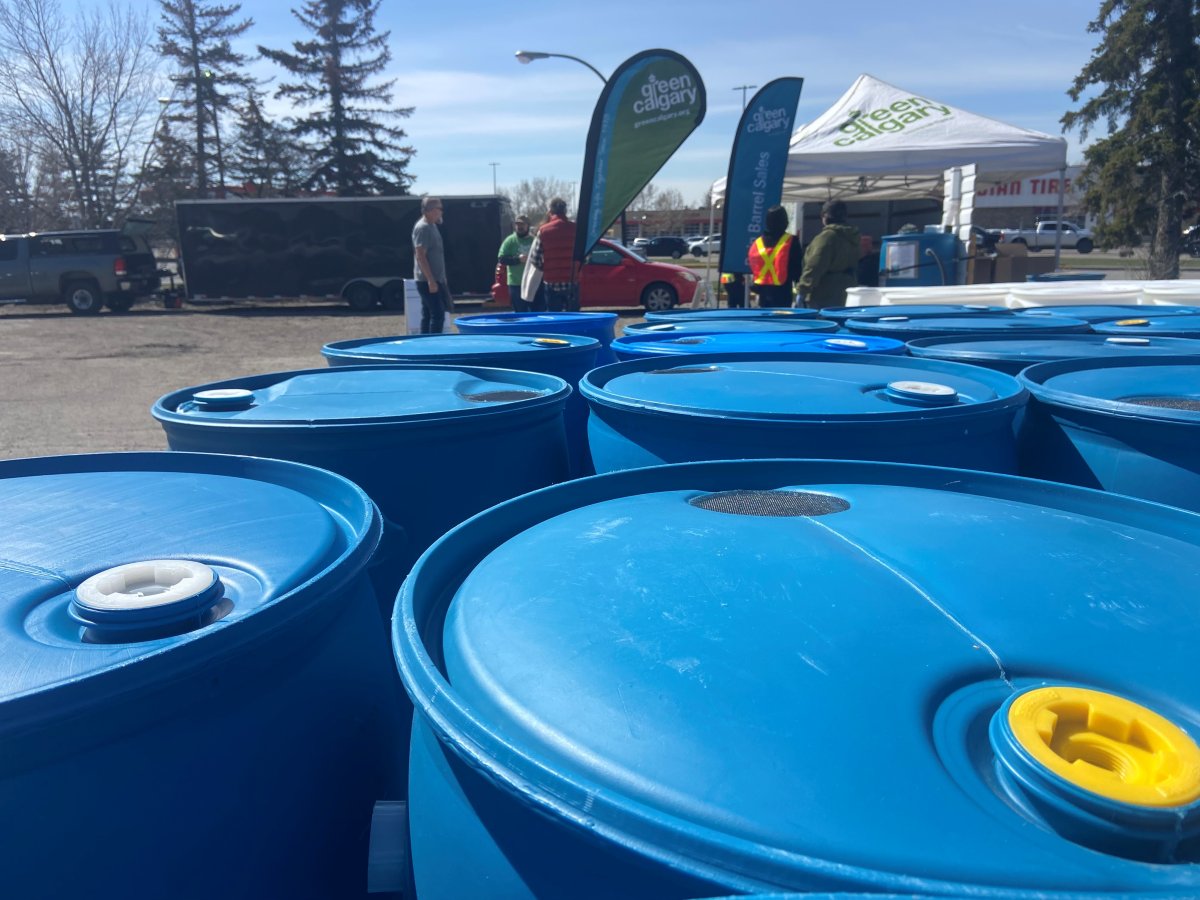 Green Calgary rain barrel sale at Calgary Co-Op in Dalhousie