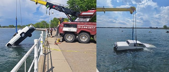 Photos of the car at Sarnia Bay. Bystanders who saw the car plunge into the water jumped in and rescued the two people inside the vehicle.