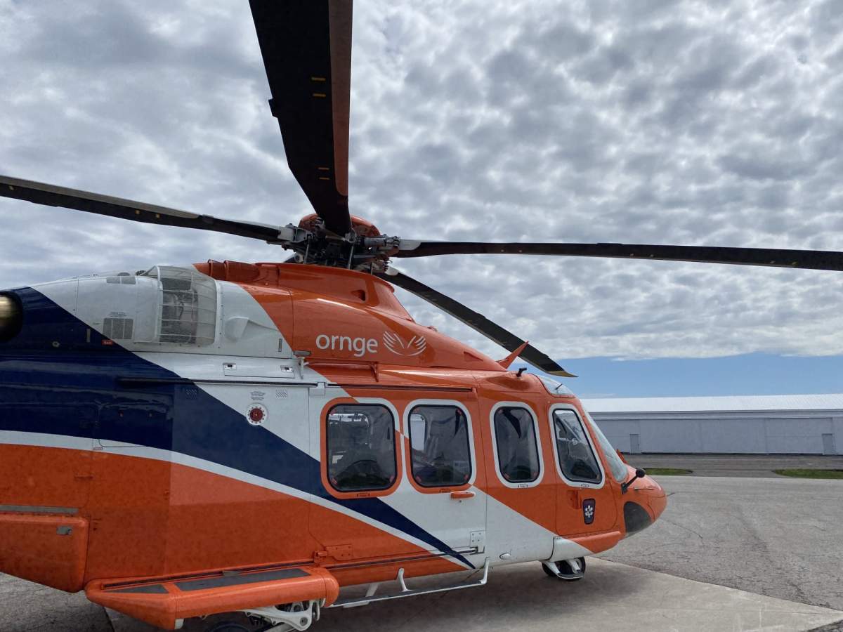 Ornge Air helicopter parked at the Ornge base in the London International Airport.