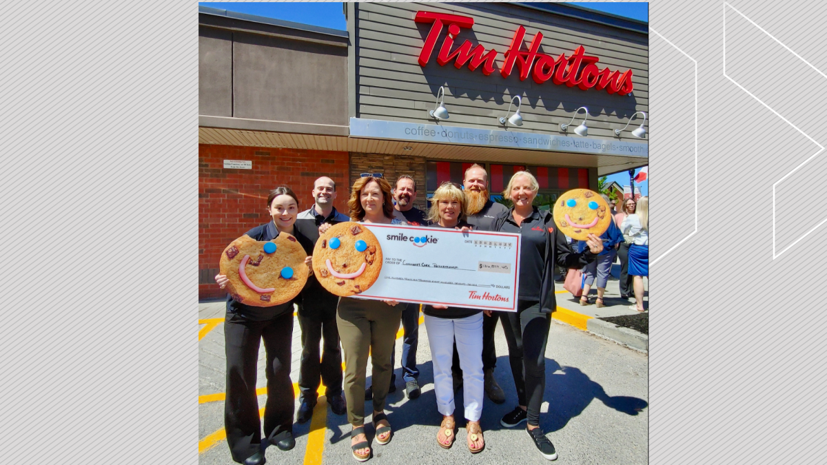 The Tim Hortons Smile Cookies campaign in the Peterborough area raised over $136,000 for Community Care Peterborough. The May 30 cheque presentation included restaurant owners, from left, Jasmine Lacoste, Stephane Lacoste, Community Care Peterborough CEO Danielle Belair, Greg Blair, Mary Blair, Ryan Graham, and Jen McCall.