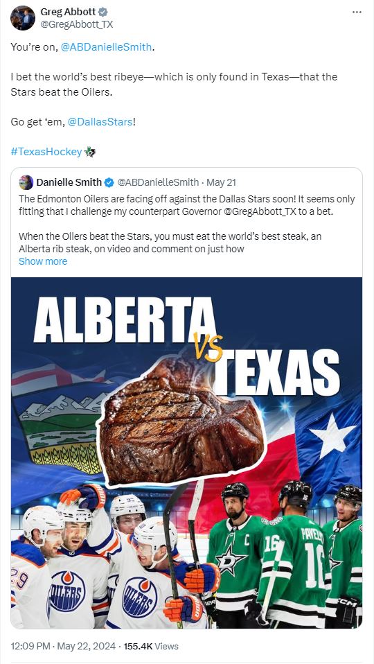 Texas Gov. Greg Abbott responds to Alberta Premier Danielle Smith’s Oilers/Stars bet.