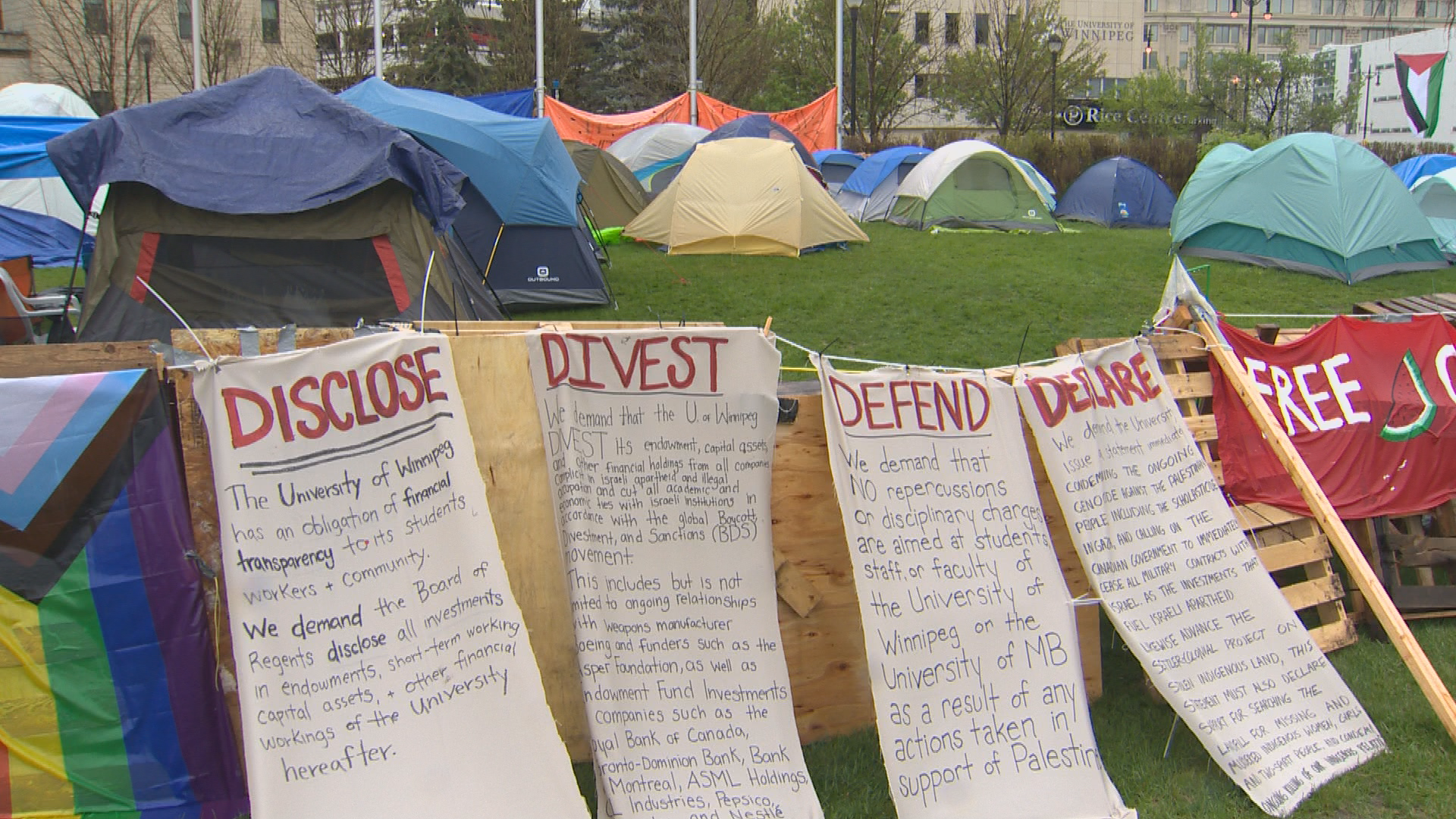 Encampments at Winnipeg universities not going anywhere until demands met: protesters
