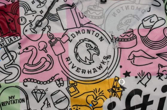 Edmonton Riverhawks Swifties baseball jersey for Taylor Swift Dance Party game night June 14, 2024, designed by Mike Lundy.