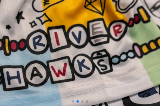 Edmonton Riverhawks Swifties baseball jersey for Taylor Swift Dance Party game night June 14, 2024, designed by Mike Lundy.