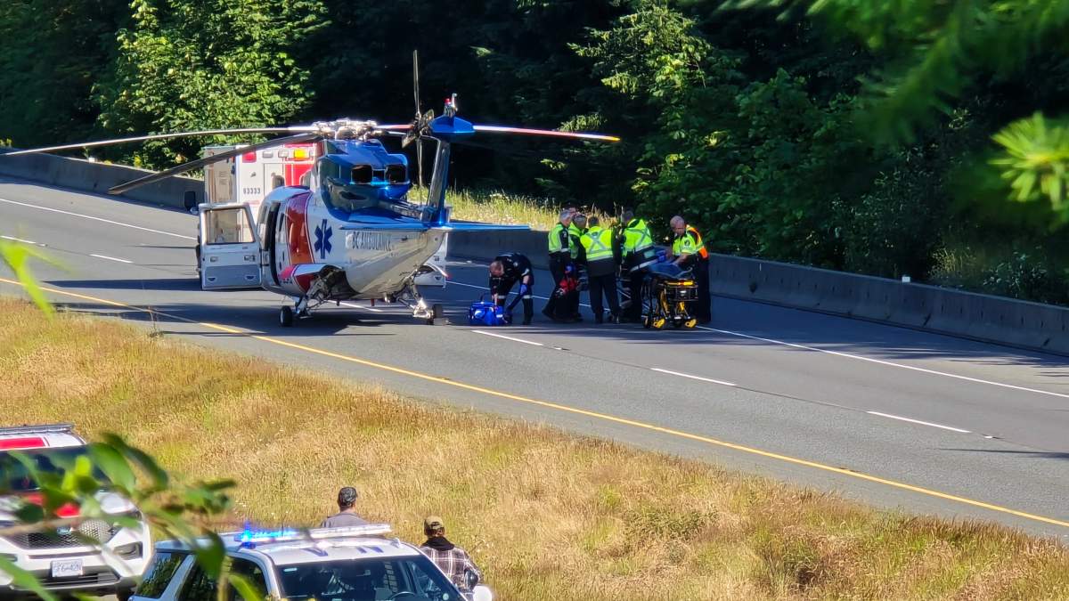 The aftermath of a truck and SUV collision on Highway 19 in Nanaimo on Wednesday, June 19.