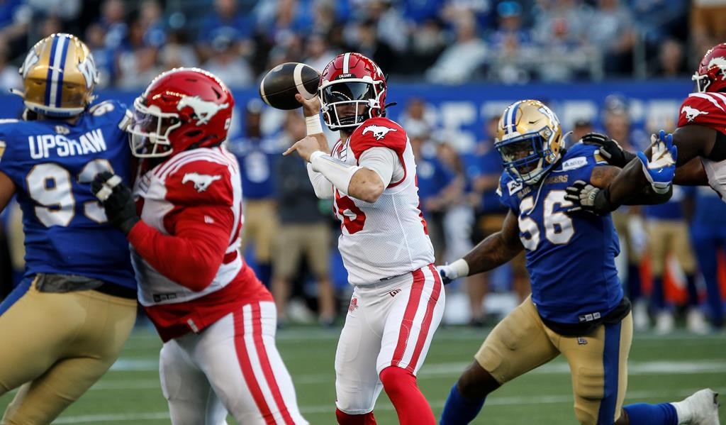 Calgary Stampeders quarterback Matt Shiltz (16) throws during first half CFL pre-season action against the Winnipeg Blue Bombers in Winnipeg Friday, May 31, 2024.