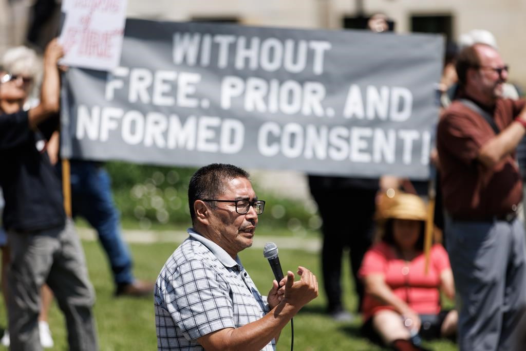 Chief Rudy Turtle of Grassy Narrows First Nation speaks during a rally raising concerns and opposition to the Ontario provincial government’s plans to expand mining operations in the so-called Ring of Fire region in Northern Ontario in Toronto on Thursday, July 20, 2023. 