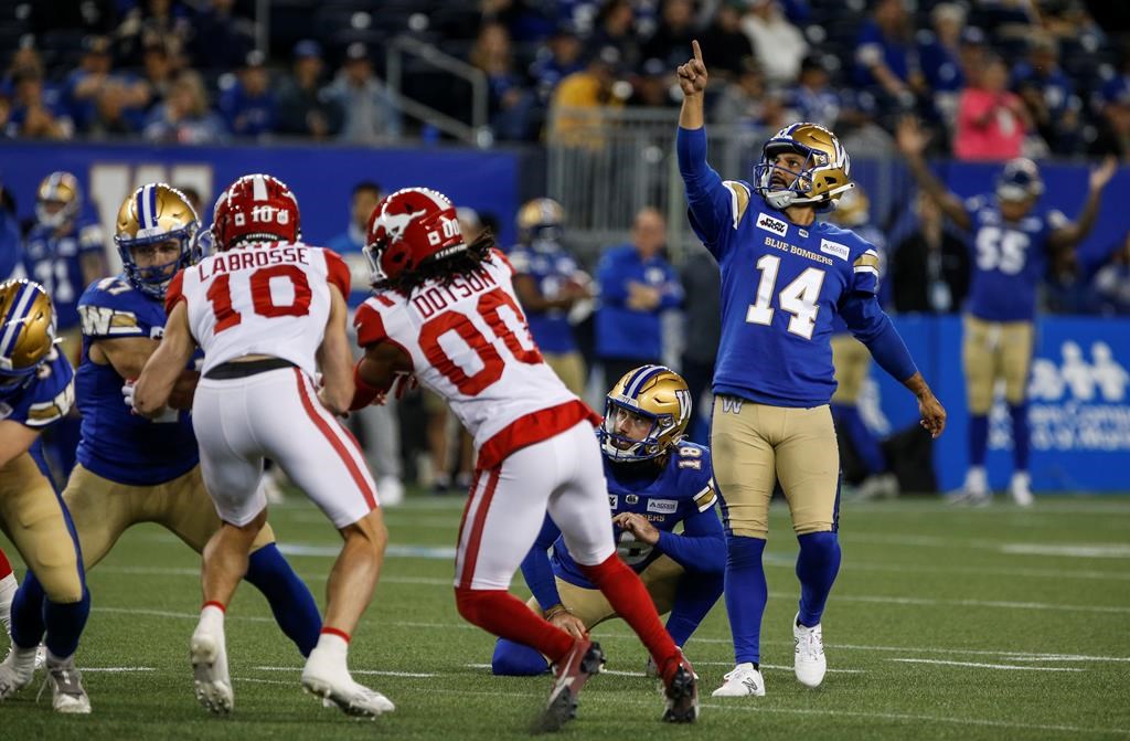 Winnipeg Blue Bombers kicker Sergio Castillo (14) celebrates as he kicks a field goal against the Calgary Stampeders during second half CFL pre-season action in Winnipeg Friday, May 31, 2024. THE CANADIAN PRESS/John Woods.