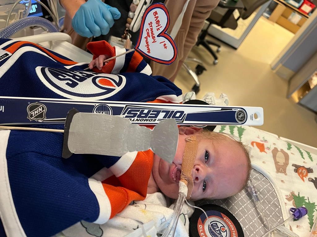 Nurses at the Jim Pattison Children's Hospital decorated the room of Mark Lay with Edmonton Oilers memorabilia as shown here on Monday June 10, 2024. The fourth generation Oilers fan is just shy of three months old and weighs in at approximately five pounds. THE CANADIAN PRESS/HO-Katelyn Lay **MANDATORY CREDIT**.