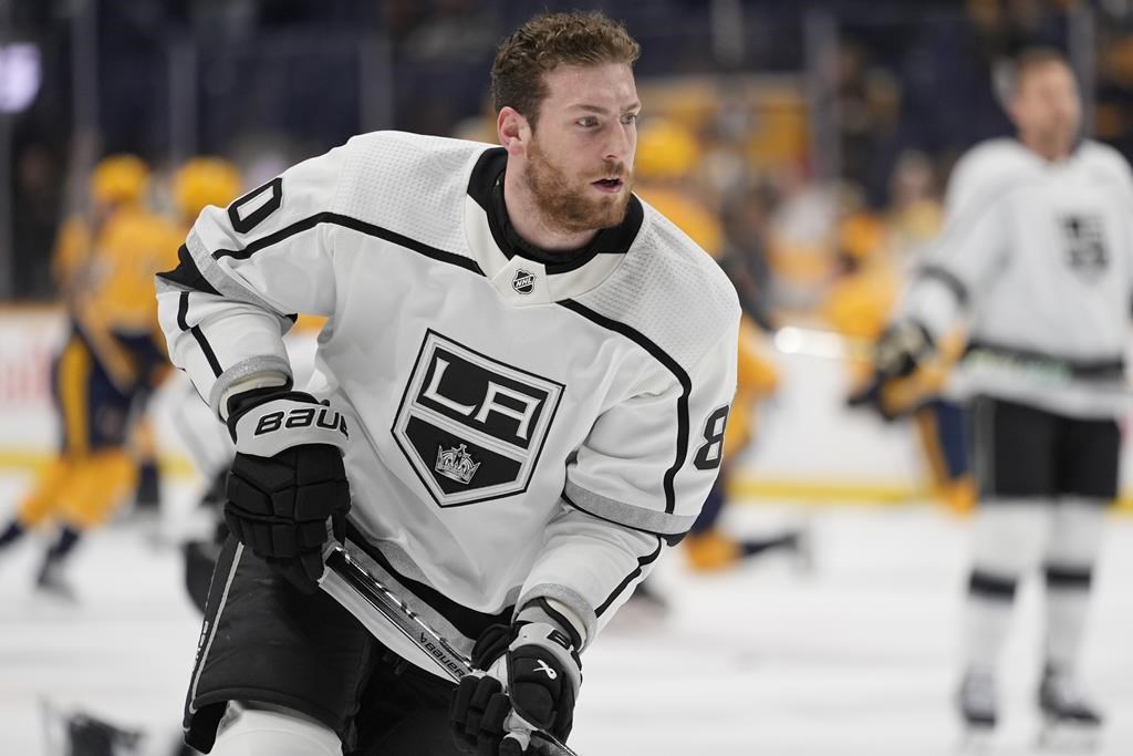 Los Angeles Kings centre Pierre-Luc Dubois (80) warms up before the team's NHL hockey game against the Nashville Predators, Jan. 31, 2024, in Nashville.