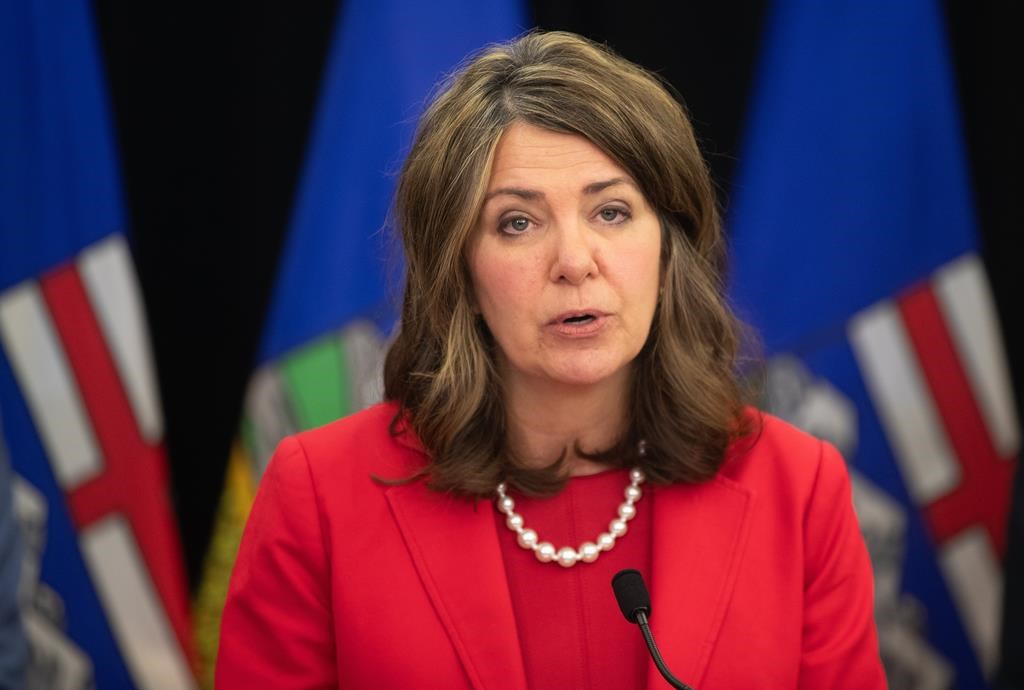 Alberta Premier Danielle Smith speaks at a press conference in Edmonton on Wednesday, May 15, 2024.