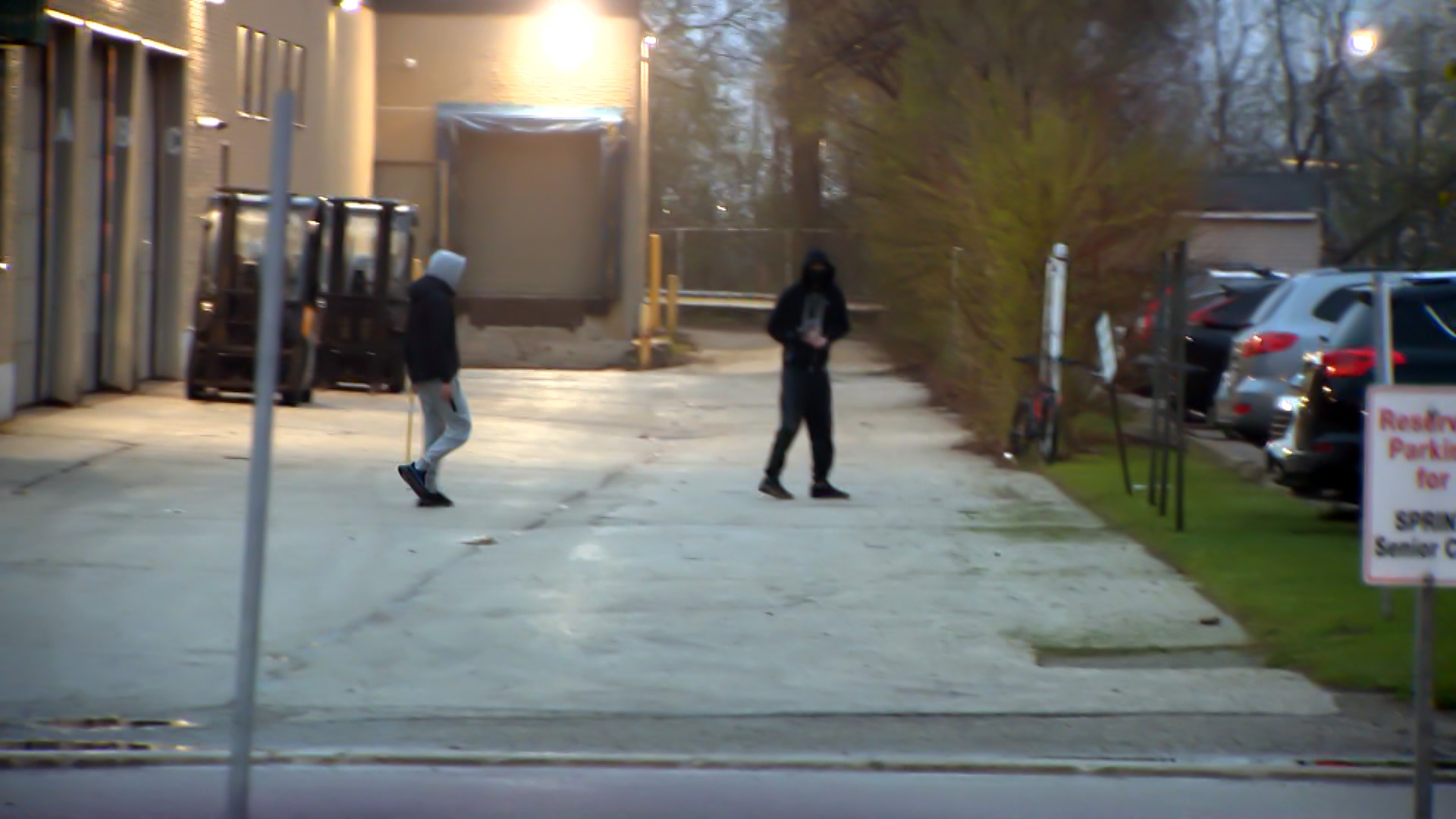 Two suspected car thieves walk back toward the Lexus in the retirement home complex.