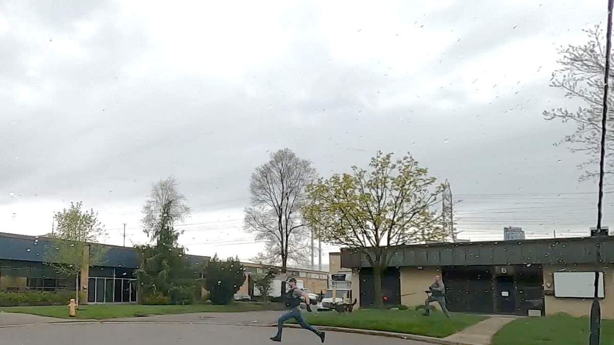 York Regional Police officers pursue a suspected car thief.