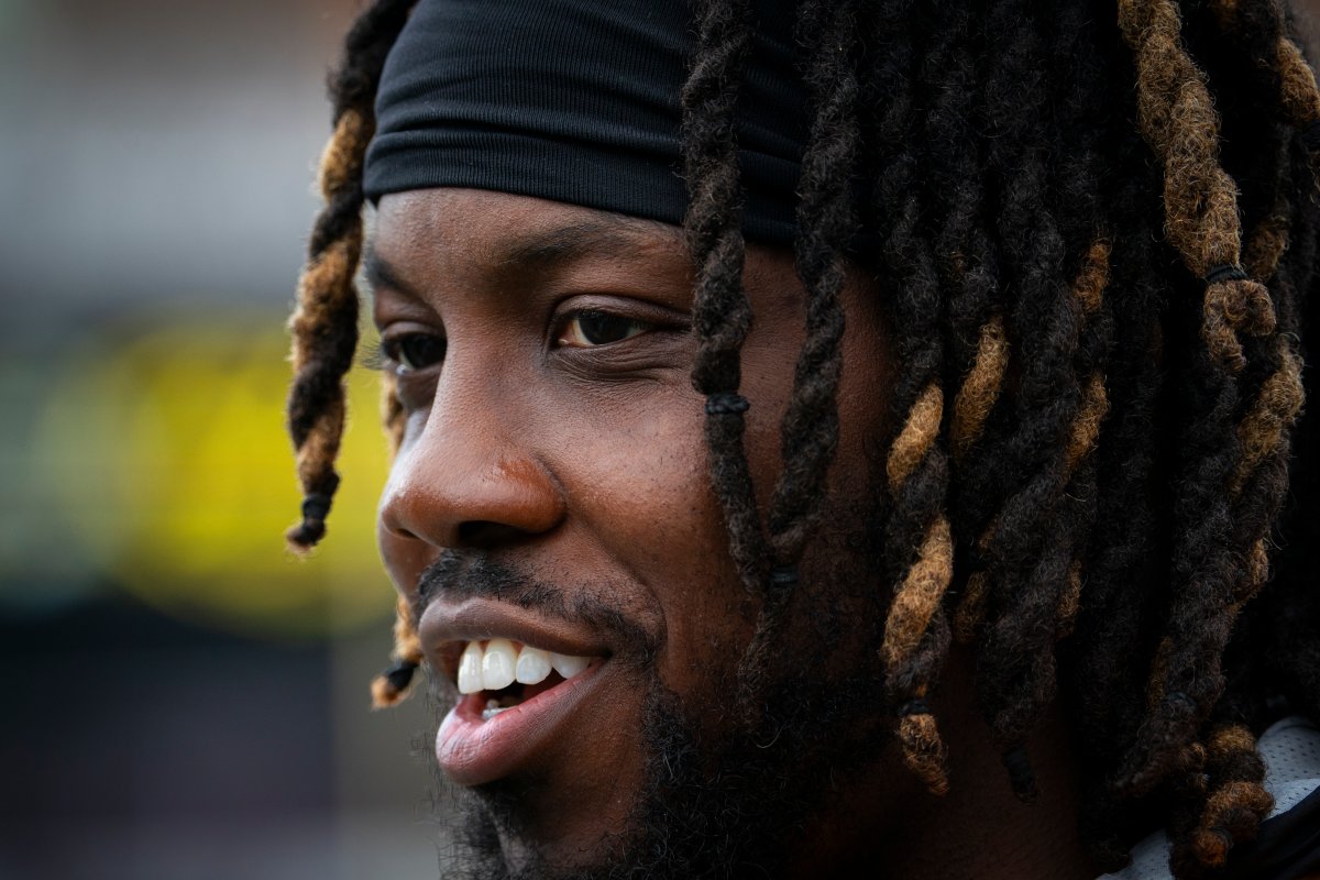Hamilton Tiger Cats running back James Butler (9) speaks to media following the first day of training camp at Ron Joyce Stadium at McMaster University, in Hamilton, Ont., Sunday, May 12, 2024.