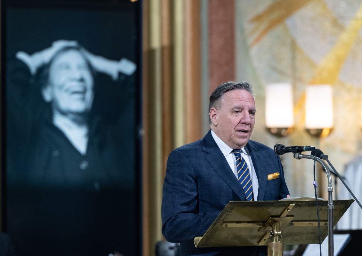 Quebec premier Francois Legault speaks during the national funeral of Quebec singer Jean-Pierre Ferland at Mary Queen of the World Cathedral in Montreal, Saturday, June 1, 2024.