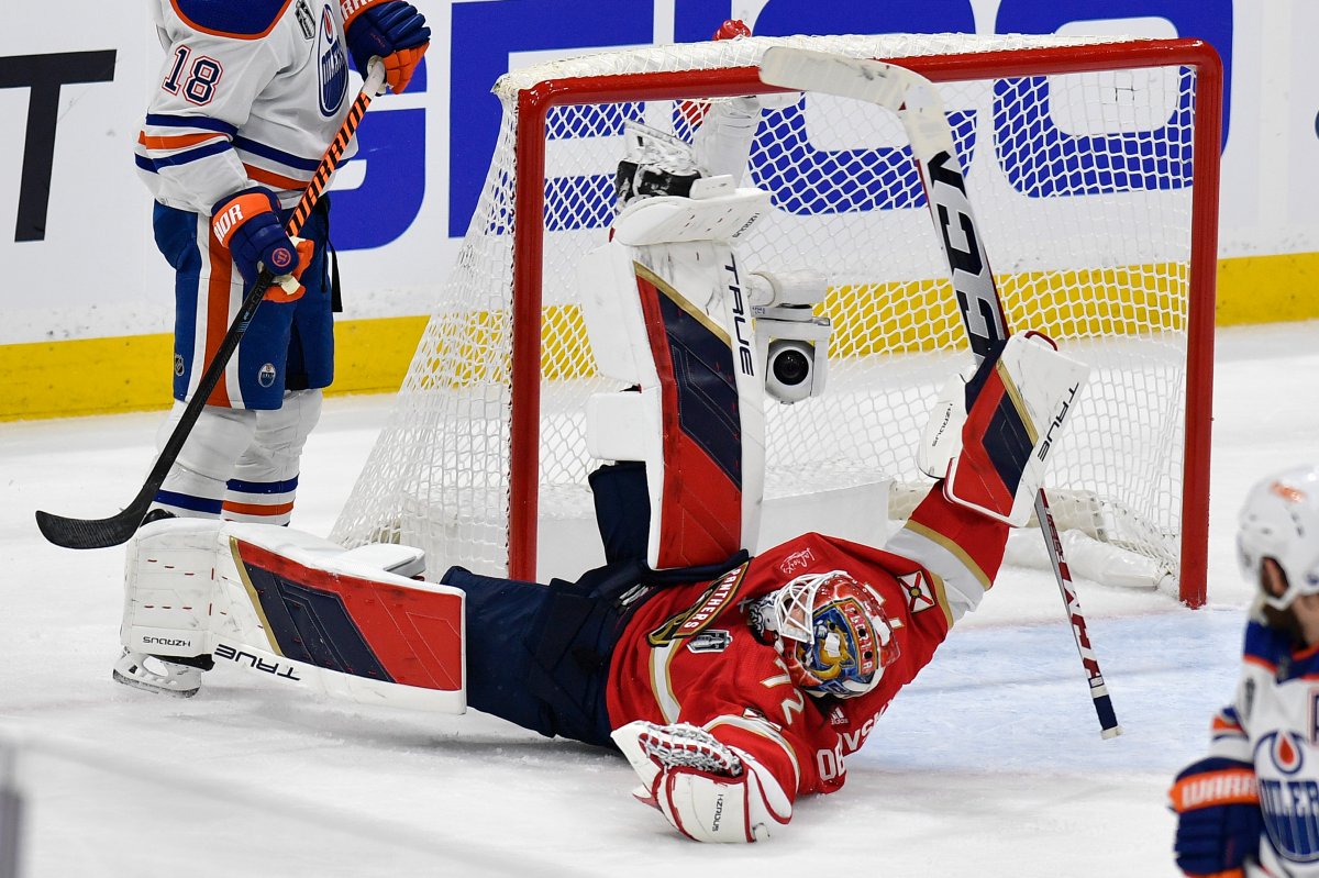 Florida Panthers goaltender Sergei Bobrovsky falls to the ice during the second period of Game 1 of the NHL hockey Stanley Cup Finals Edmonton Oilers Saturday, June 8, 2024, in Sunrise, Fla.